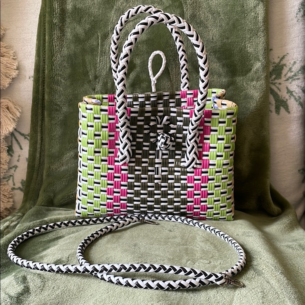 Stylish Upcycled Plastic Woven Handbag - Green, Pink, Black, White, Unbranded
